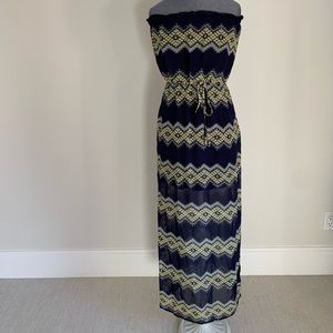 Patterned, strapless, Maxi dress w/ sheet overlay